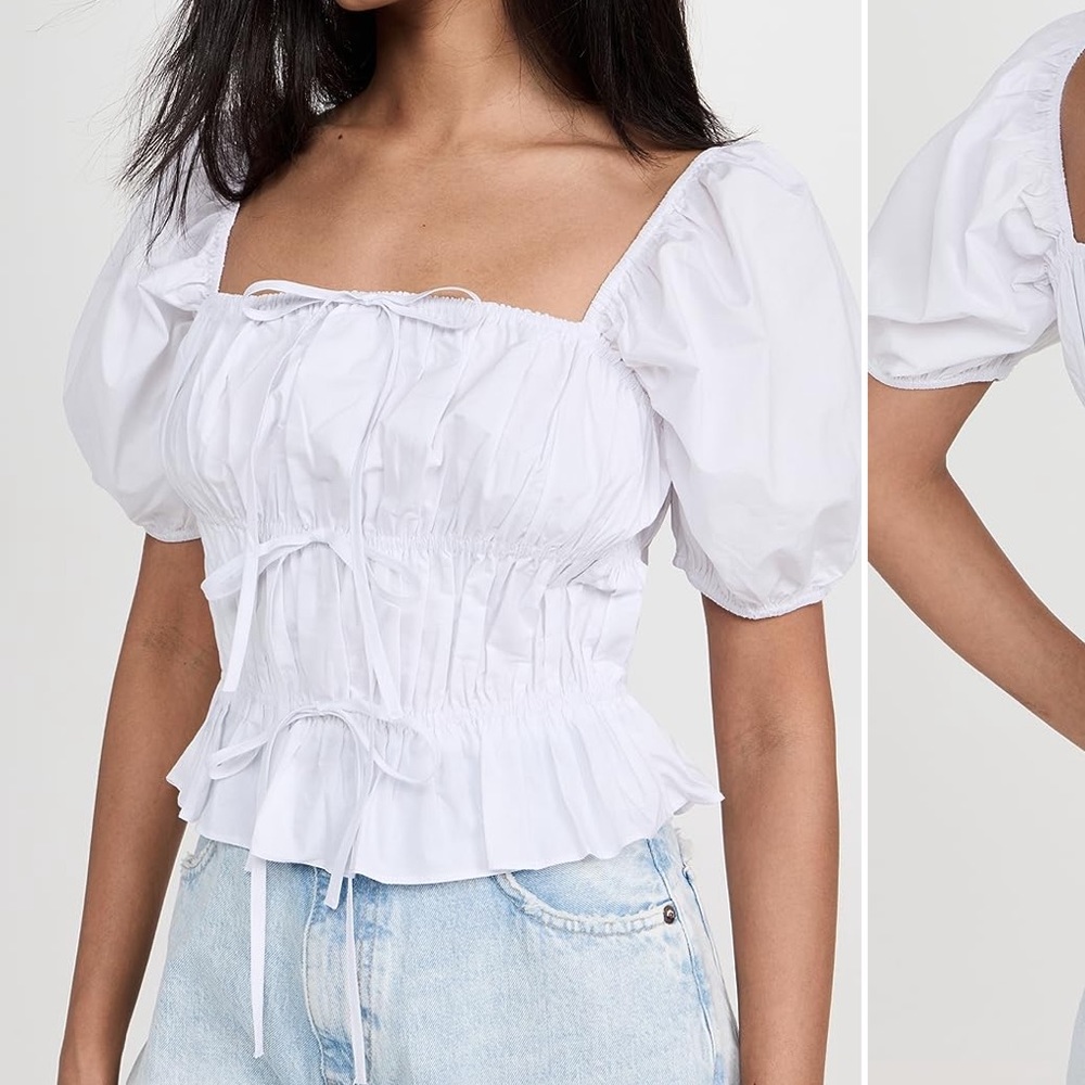 English Factory Tie Detail Shirring Top with Short Sleeves